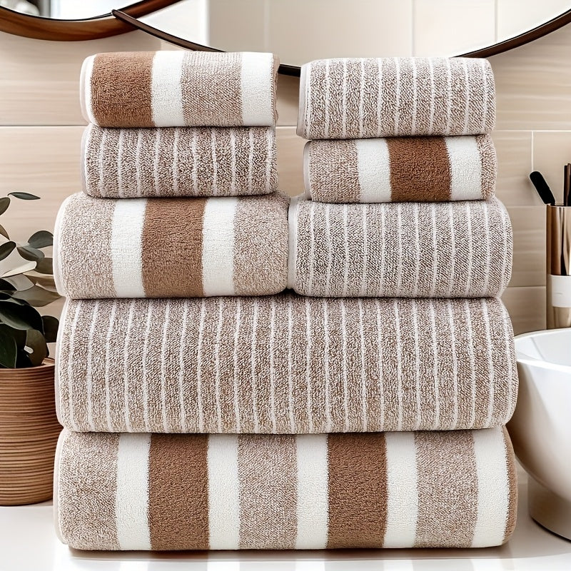 8pcs Lint-Free Super Absorbent Soft Five-Star Hotel Standard Two-Color Striped Spaced Bath Towel Set, Including 2 Large Bath Towels, 2 Medium Bath Towels And 4 Small Bath Towels, Wash Cloths