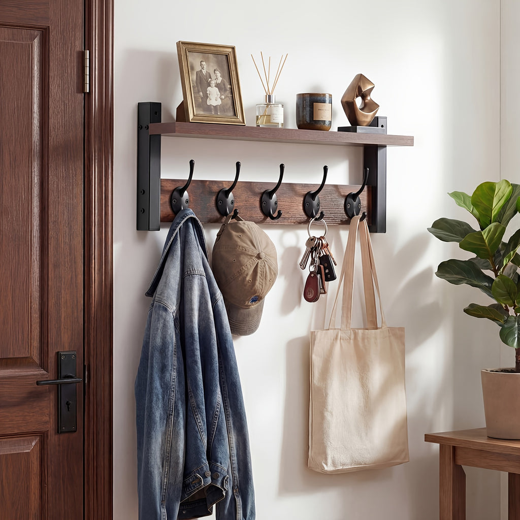 Wooden Wall-Mounted Shelf - Coat And Key Organizer with Floating Shelf And 5 Hooks, Key Rack for Bedroom And Entryway Storage, Towel Organizer for Bathroom, Suitable for Kitchen, Living Room, Bedroom, Bathroom