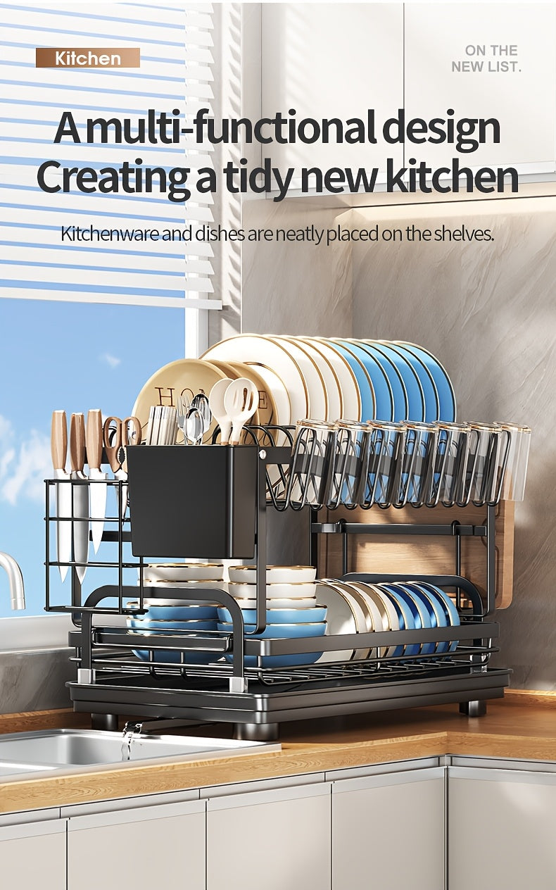 Two-tier Metal Kitchen Countertop Dish Rack Is Space-saving And Durable. It Comes with A Knife And Fork Holder, A Cup Rack, A Cutting Board Holder, And A Rust-proof Draining Tray. It Organizes Your Tableware And Helps Keep Your Kitchen Neat And Tidy.