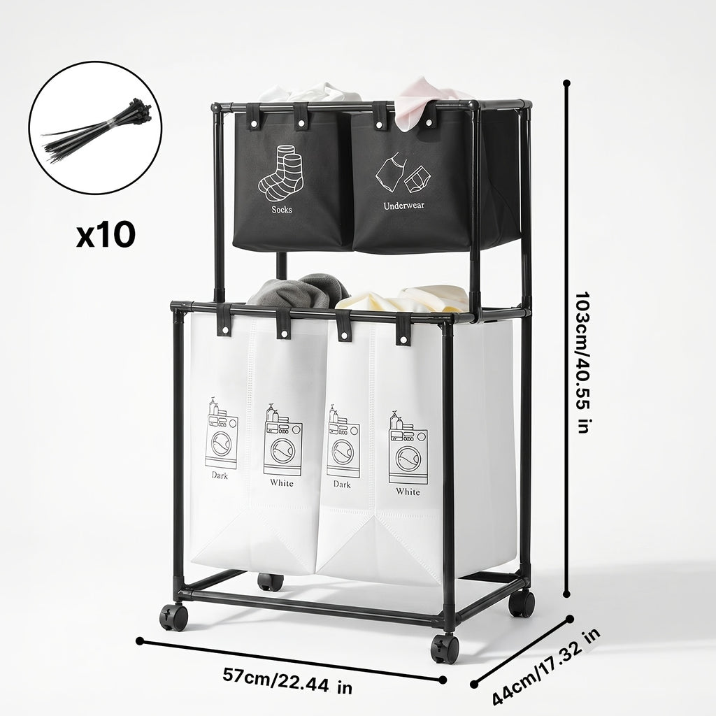 2 Compartment Laundry Hamper (No Wheels) - 2 Tier Laundry Sorter With Handles - Sturdy Metal Frame & Breathable Mesh Bags - Space Saving Clothes Organizer For Home, Apartment, Add 10 Cable Ties For Securing, Dirty Laundry Basket, Laundry Baskets