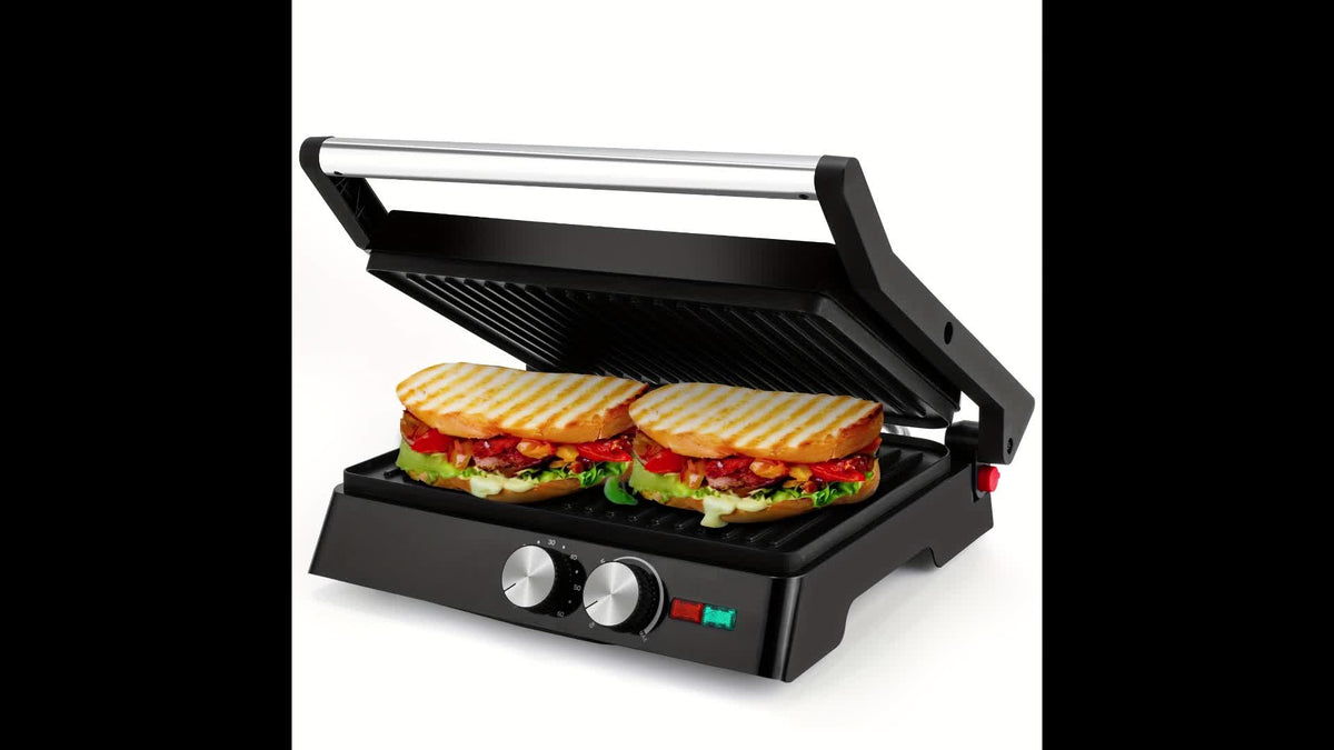 3-in-1 Electric Indoor Grill - Panini Press With Non-Stick Cooking Plates, Opens 180-Degree Gourmet Sandwich Maker, Floating Hinge Fits All Foods, Panini Press Grill With Grease Tray