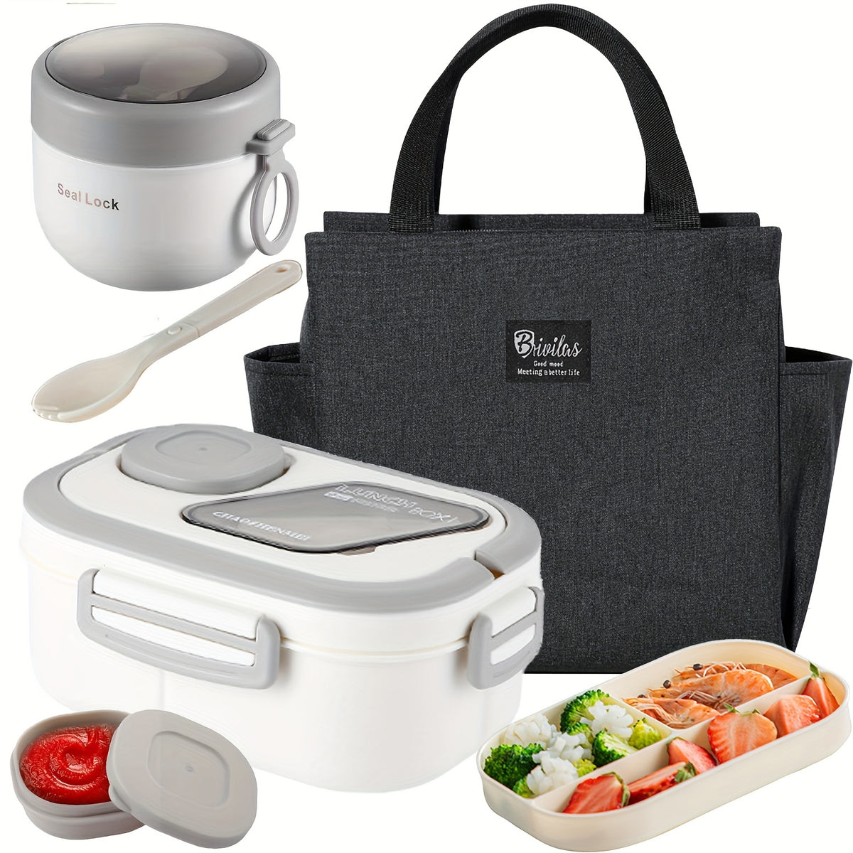 Two Tier Bento Lunch Box, Divided Meal Container in Pink, Blue, Green or White with Optional Cup and Lunch Bag Sets for School, Office and Picnics
