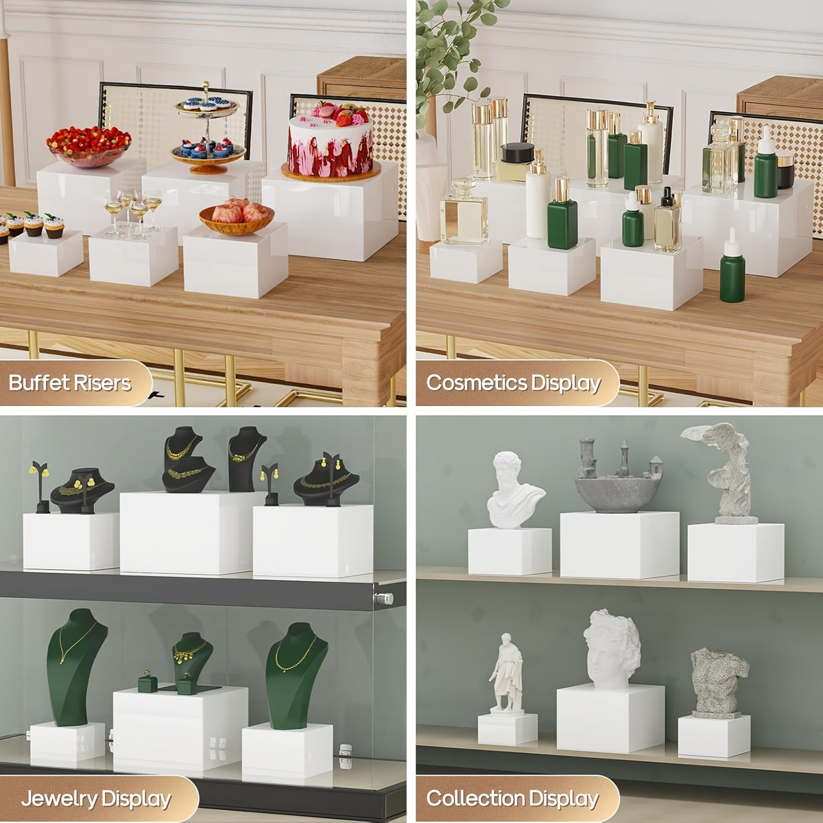 6pcs Buffet Risers, Food Risers for Buffet Table Display Stand Shelf for Party Catering Dessert Collectibles Acrylic Cube Boxes Display with Hollow Bottoms White Set, (3", 4", 5", 6", 7", 8", 9", 10")