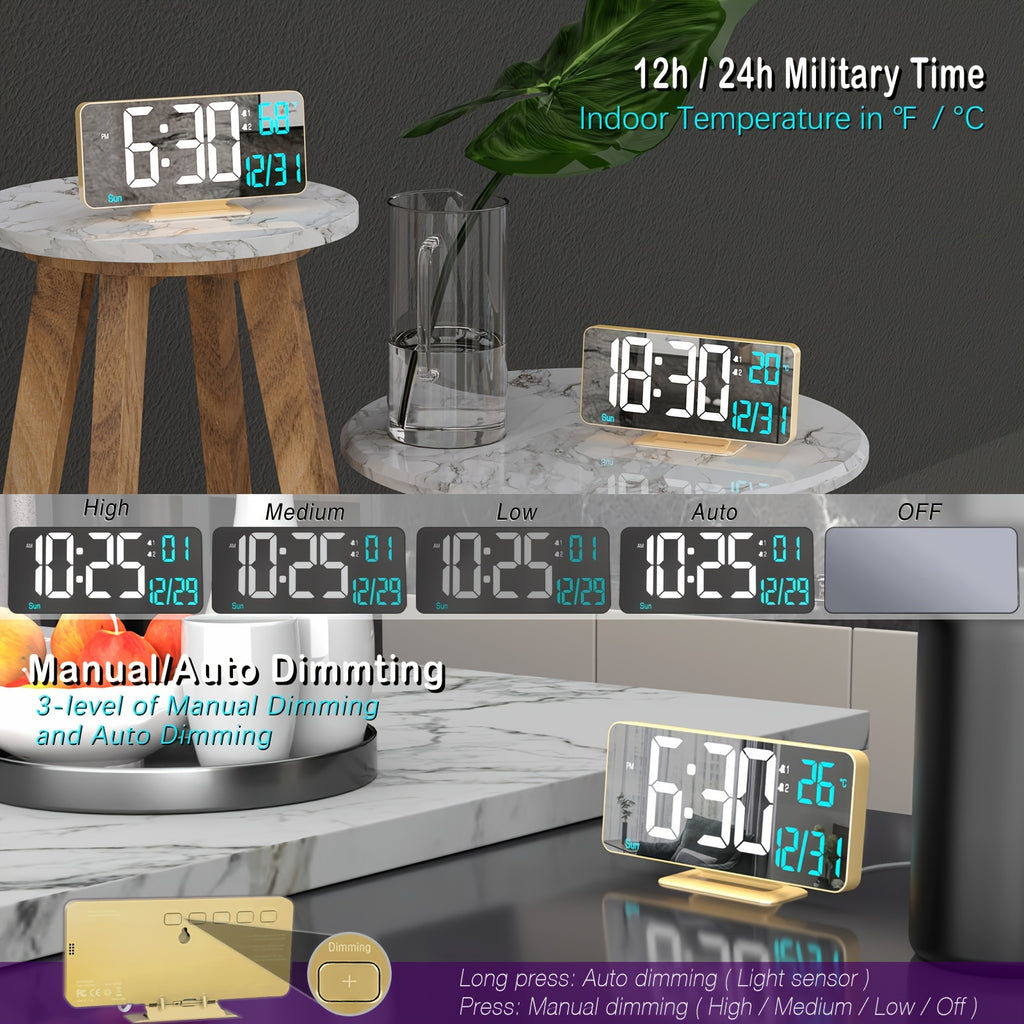 1pc Komugi Large 6.7" Golden Digital Alarm Clock with Dual Alarm, Dimmable LED Display, Temperature/Humidity-like (No Hygrometer), Date/Day of Week, USB-Powered Modern Desk Clock for Bedside, Living Room, Office - LCD Screen