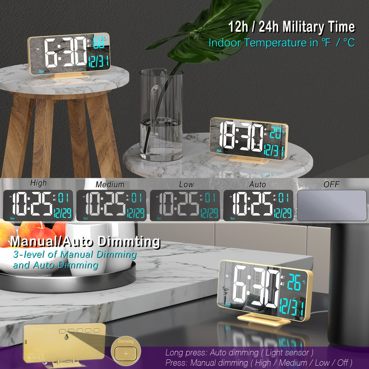 1pc Komugi Large 6.7" Golden Digital Alarm Clock with Dual Alarm, Dimmable LED Display, Temperature/Humidity-like (No Hygrometer), Date/Day of Week, USB-Powered Modern Desk Clock for Bedside, Living Room, Office - LCD Screen