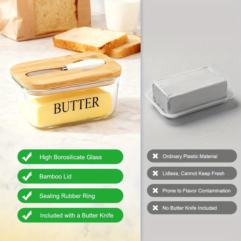 Large Glass Butter Dish with Lid Upgraded The Capacity to Holds 1lb of Butter Butter Keeper with Knife for Countertop and High-quality Seal Kitchen Decor and Gifts for Countertop and Refrigerator Door Shelf