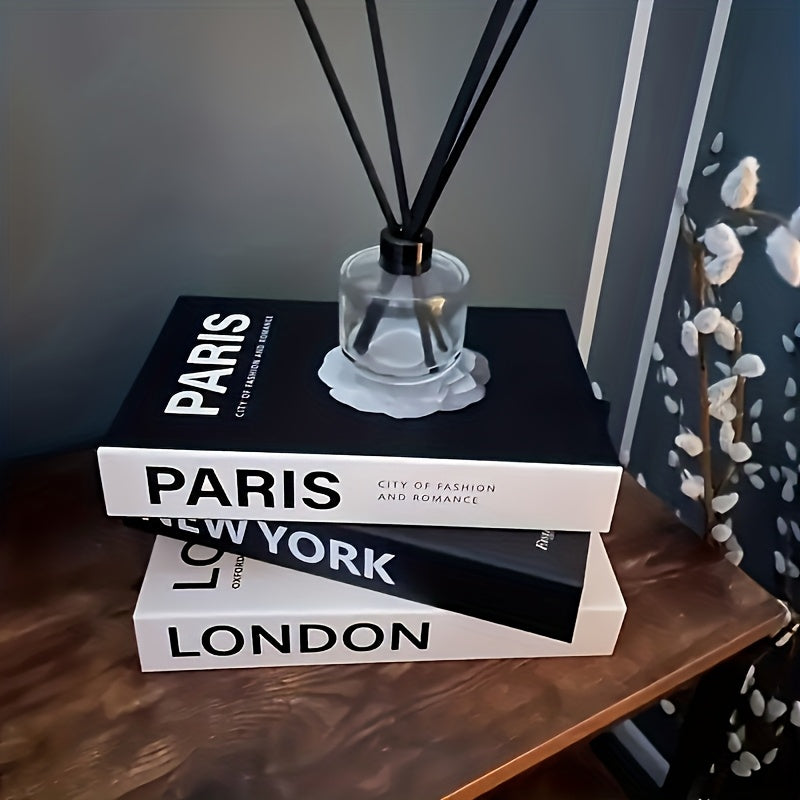 Set of Three Decorative Books Featuring an Industrial Design Inspired by Paris, London, And New York. These Modern Minimalist Home Accents Are Made from High-Quality Paper And Are Perfect for Festive Occasions Like Valentine'S Day, Thanksgiving