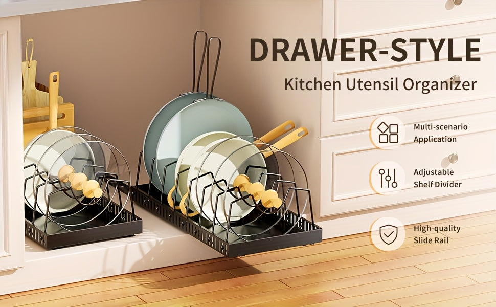 Pull-Out Pot Lid Organizer with Adjustable Dividers, Sliding Pan and Bakeware Storage Rack for Kitchen Cabinets, Black or White in 1 or 2 Packs