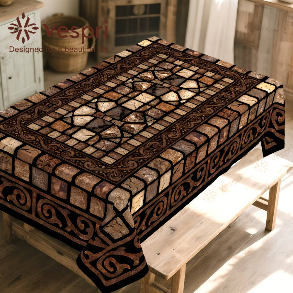 Vintage Stone Pattern Tablecloth, Brown with Ornate Floral Design, Polyester, Rectangular, Machine, Perfect for Traditional and Rustic Home Decor, Dining Table and Indoor Decoration, Multiple Sizes Available