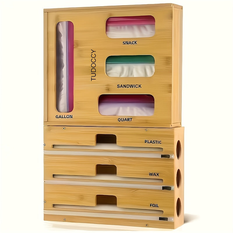 1pc 9 IN 1 Storage Bag Organizer for Kitchen Drawer, Bamboo Foil And Plastic Wrap with Cutter, Organizers Compatible Gallon, Quart, Sandwich Snack Size