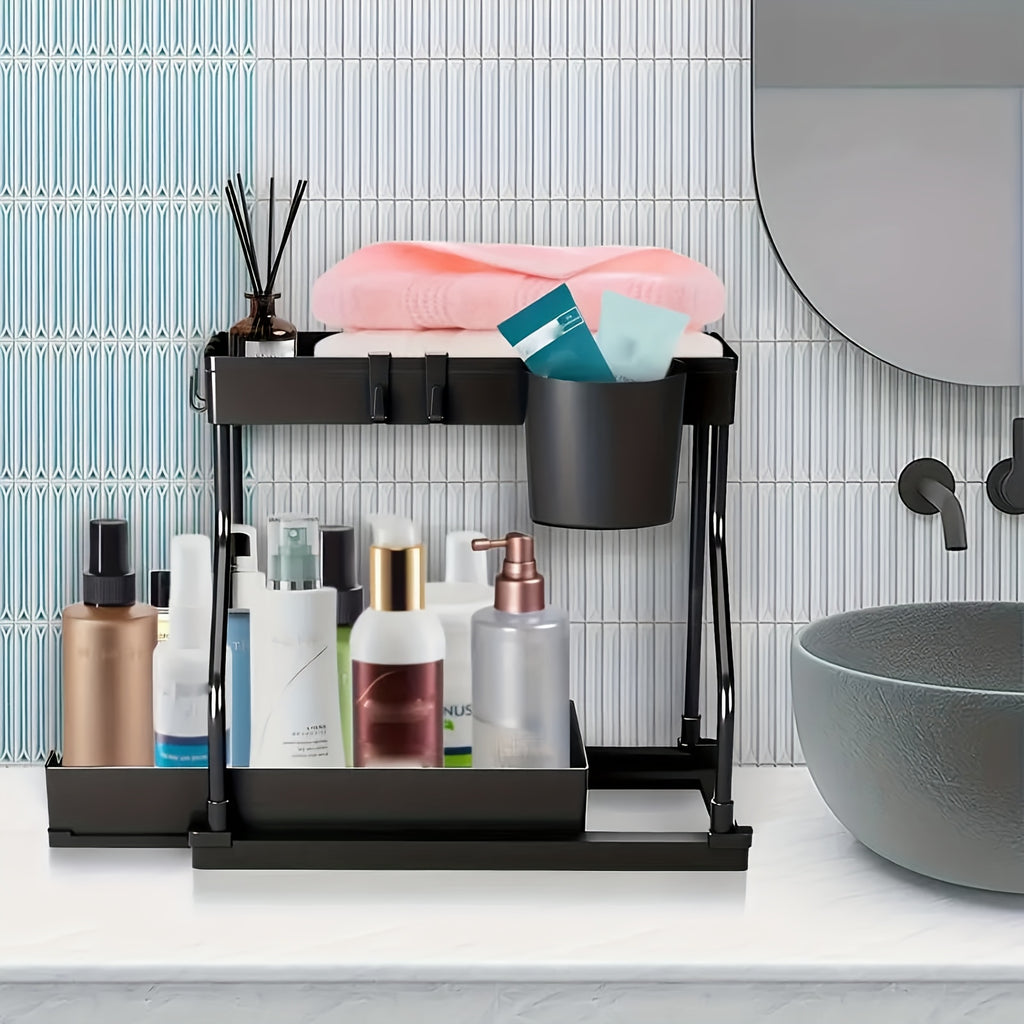 Plastic Under Sink Organizers 2 Pack, Black Two-Tier Cabinet Storage with Narrow Upper Baskets and Sliding Lower Drawers for Kitchen and Bathroom Supplies