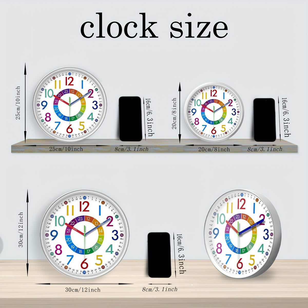 8-12 Inch Color Learning Wall Clock, Learn How to Tell The Time, Japanese Silent Quartz Movement, Plastic Frame, AA Battery Powered, Suitable for Bedroom, School, Teacher Decoration, Educational Teaching Auxiliary Supplies, Holiday Gift