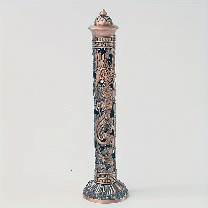 Metal Incense Stick Holder Featuring a Retro Vertical Design, Heart Sutra, Dragon, And Phoenix Motifs, Perfect for Home Or Office Ceremonial Decoration
