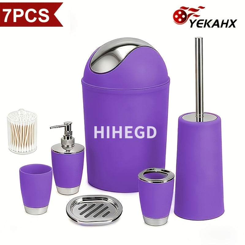 7pcs Luxury Bathroom Accessory Set - Premium Quality, Modern Style - Complete with Trash Can, Toilet Brush, Lotion Dispenser, Soap Dish, Mouthwash Cup & Toothbrush Holder - Space-Saving, Easy to Clean, Ideal for Bathroom Decor And Housewarming Gifts