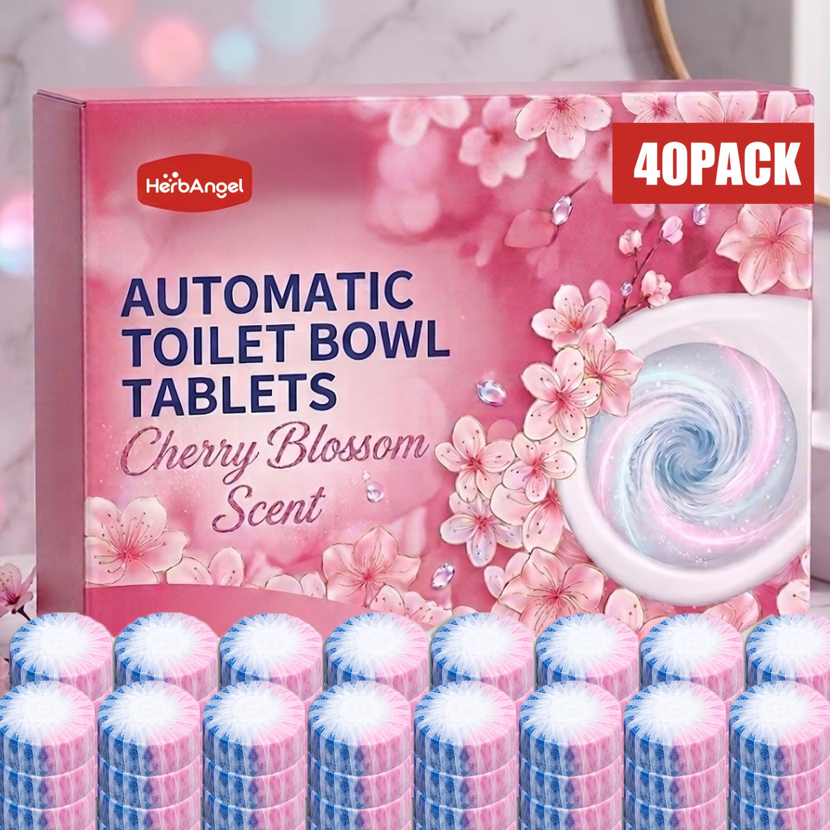Automatic Toilet Bowl Tablets Suitable for Household Toilets - Cherry Blossom Scent Suitable for Plastic Tank Cleaners, Dual Color Water Soluble Film with Urine Scale Remover, Long Lasting Fragrance Tablets for Deep Stain Elimination