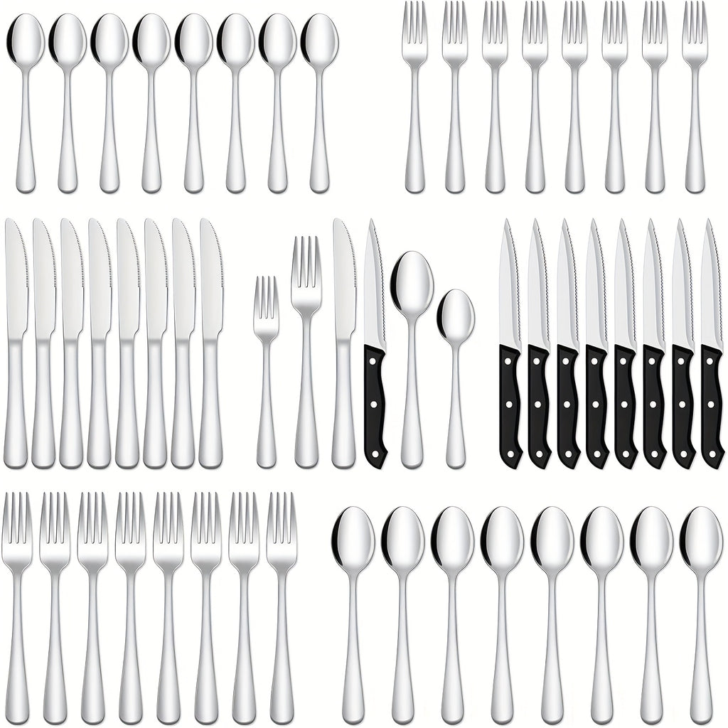 24/48pcs Black Silverware Set With Steak Knives Service For 4/8, Christmas Stainless Steel Flatware Set, Mirror Polished Kitchen Accessories, Home Kitchen Party Eating Tableware Set, Include Fork Knife Spoon Set, Dishwasher Safe (Silver, Black)