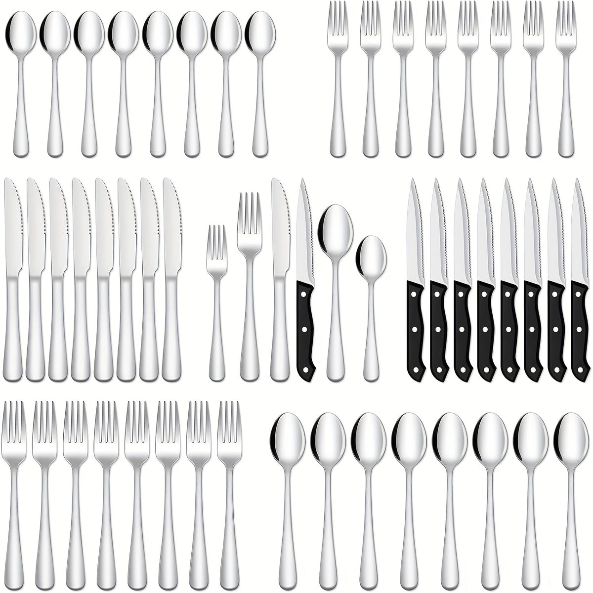 24/48pcs Black Silverware Set With Steak Knives Service For 4/8, Christmas Stainless Steel Flatware Set, Mirror Polished Kitchen Accessories, Home Kitchen Party Eating Tableware Set, Include Fork Knife Spoon Set, Dishwasher Safe (Silver, Black)