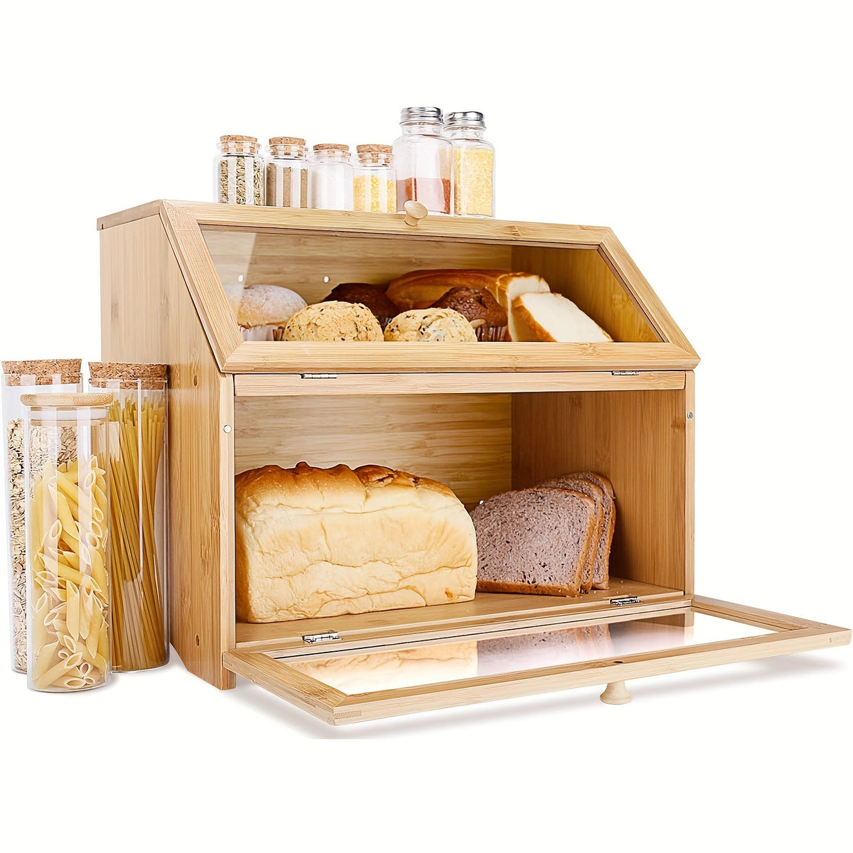 Double Layer Large Bread Box for Kitchen Counter, Wooden Large Capacity Bread Storage Bin (Natural Bamboo)