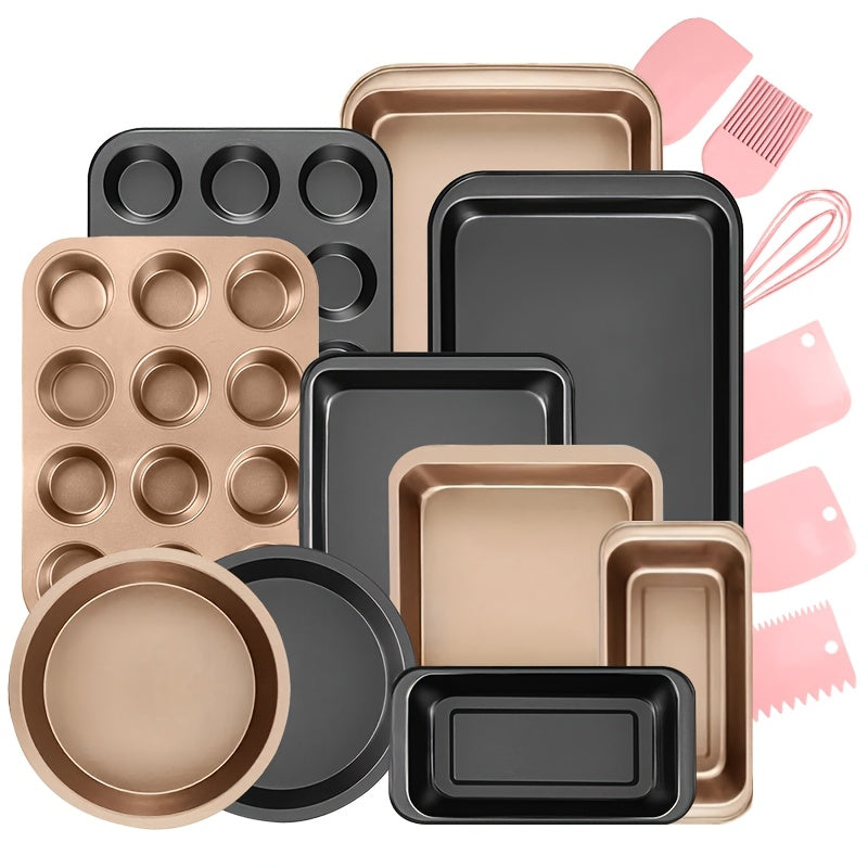 2/6/7/8/12/16/18pcs Nonstick Baking Pans Set Kitchen Baking Sheets Oven Bakeware Sets Round/Square Cake Pan Muffin Pan, Loaf Pan, Roast Pan, Cookie Sheet Baking Supplies Grey Measuring Spoon Scraper Rack Whisks Bread Bag Muffin Cups Spatulas