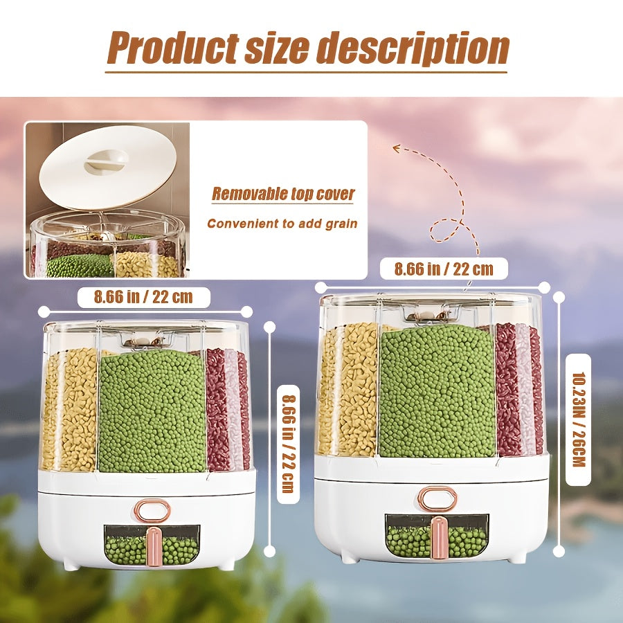 Rotating for rice Bucket | 6-Grid Cereal Dispenser, Large Capacity for rice Bucket | Airtight Dispenser with a Transparent Window, Features Moisture-Proof And Insect-Proof Design, Suitable for Rice, Cereals