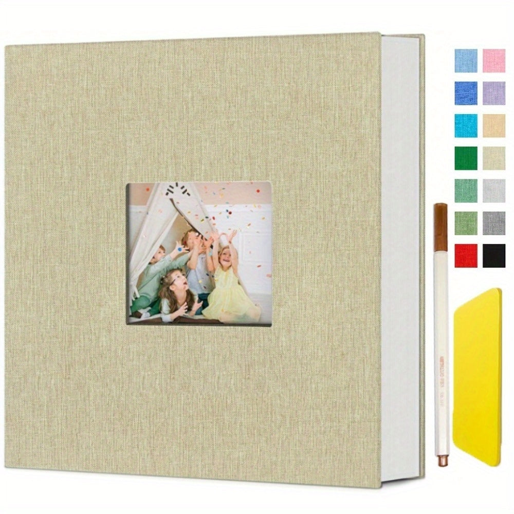11.5*10.6in Photo Album Self Adhesive With Picture Display Window, 40/ 60 Pages Baby Memory Book For 4x6 8x10 Picture, Linen Cover Scrapbook For Wedding, Back To School Gifts, With Scraper And Two Metallic Pens Valentines Day Gifts
