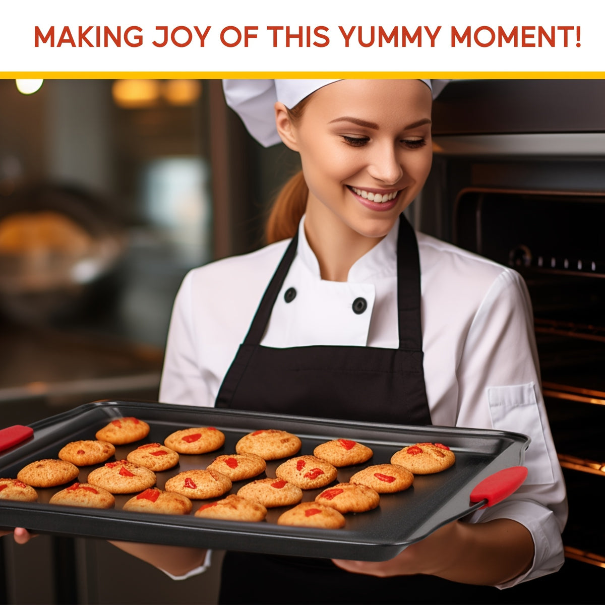3/9pcs Carbon Steel Non-stick Kitchen Oven Baking Pan, Luxurious And Fashionable Non-stick Inside And Outside, Commercial Grade Restaurant Quality Metal Baking Pan, With Red Silicone Handle
