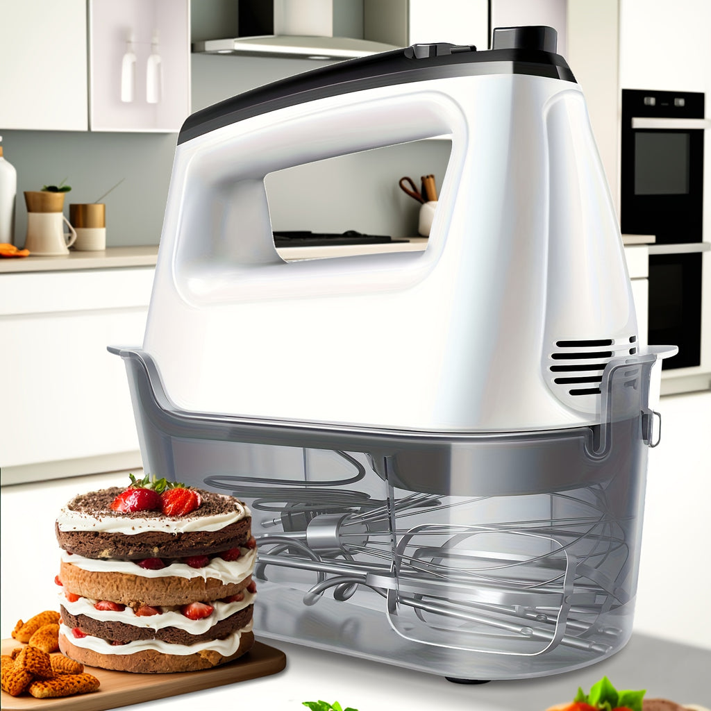 Hand Mixer, Handheld Mixer with Storage Case 5-Speed Plus Turbo Hand Mixer Electric with 5 Stainless Steel Attachments(2 Beaters, 2 Dough Hooks And 1 Whisk), Silver