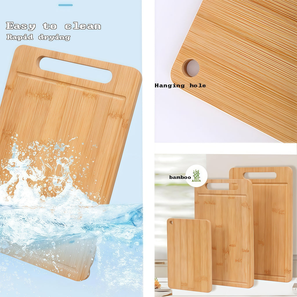 Bamboo Kitchen Prep Boards with Juice Grooves, Single Board or 3-Piece Set for Meat, Vegetables, Fruit and Bread, Double-Sided Chopping Surfaces for Home Cooking