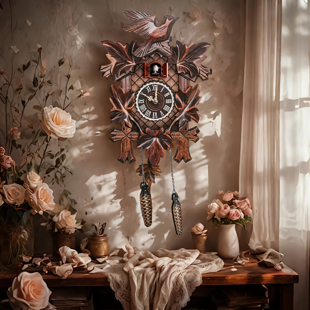 Wooden Cuckoo Clocks for Adult Bedroom Decor with Night Mode, Singing Bird, European Forest Style Home Wall Clock