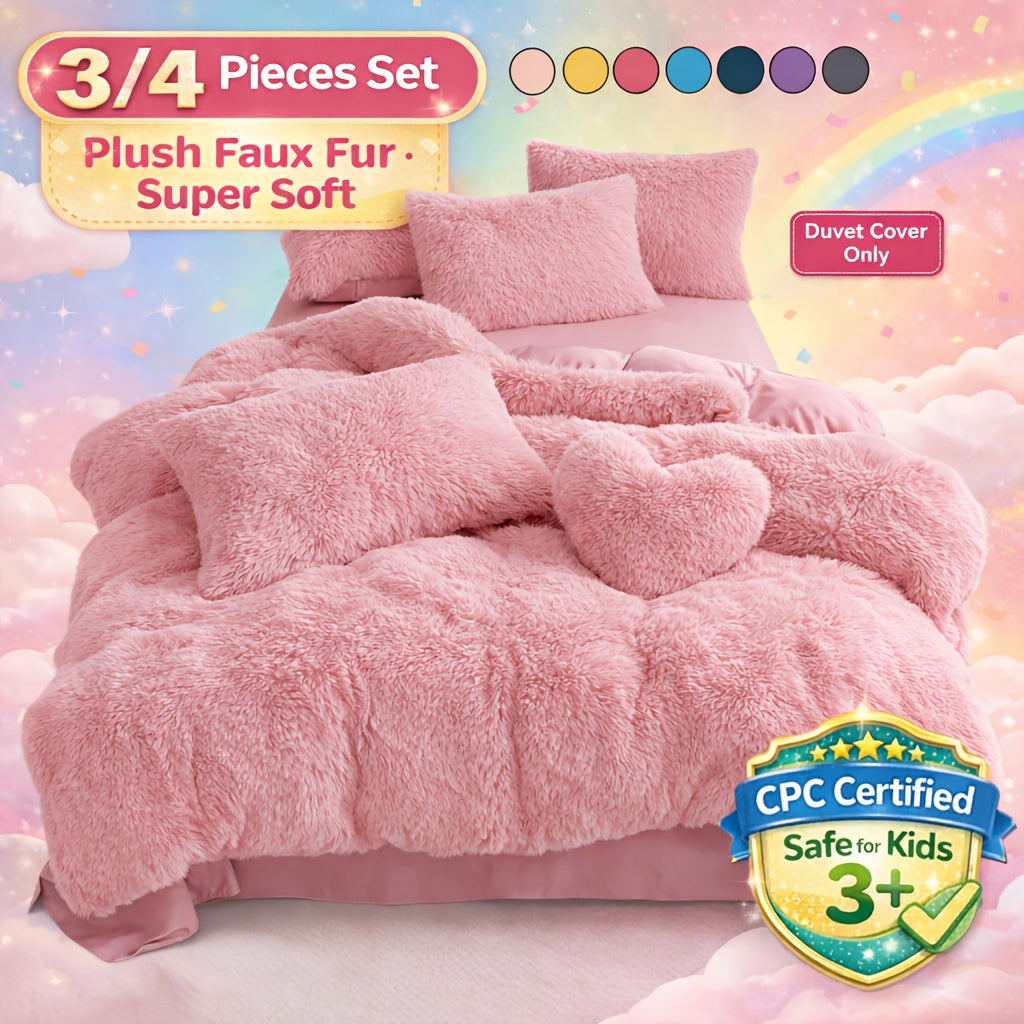 3/4pcs Plush Faux Fur Comforter Cover Set for Kids & Teens - Includes Pillowcases + Plush Heart Pillow - Twin/ Queen/ King Sizes - Super Soft, Warm, Machine Washable (Duvet Cover Only, No Comforter)