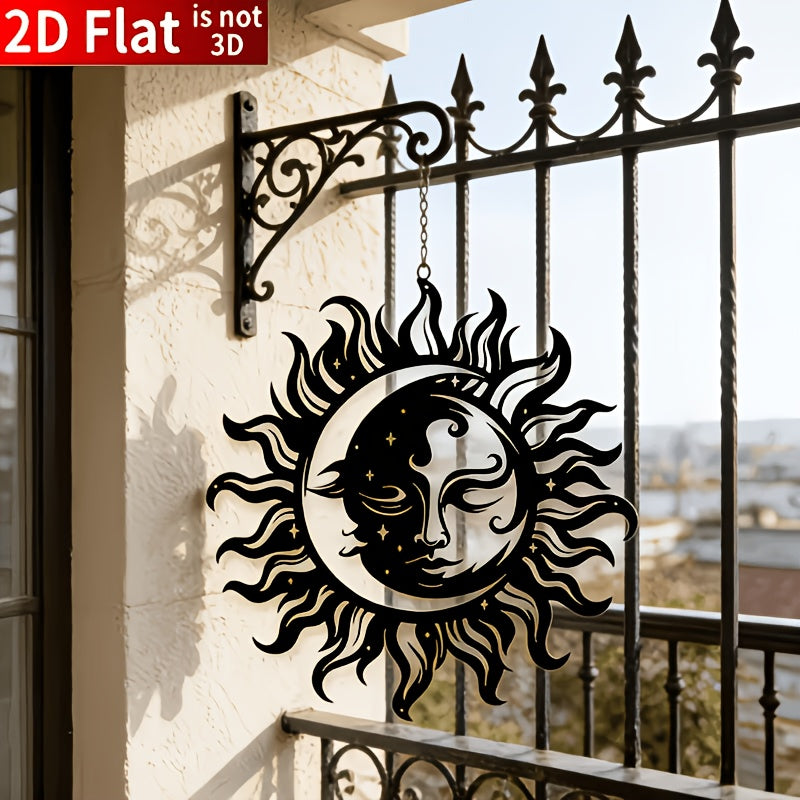 1pc Of Elegant Black Sun And Moon Metal Wall Art- Intricate Iron Design With Mystical Symbols, Perfect For Home, Office Or Outdoor Garden Decoration, Ideal Housewarming Gift, 15.7inch X 7inch Cm, Outdoor Decoration