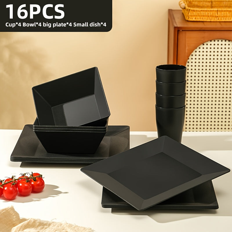 Brczuo16/32pcs Securely Fixed Non Fragile Plates, Wheat Straw Tableware Set, Microwave Dishwasher Safe, Durable Tableware, Black Set Includes 16 Plates, 8 Bowls, 8 Cups, Suitable For Family Gatherings, Birthday Parties, Camping