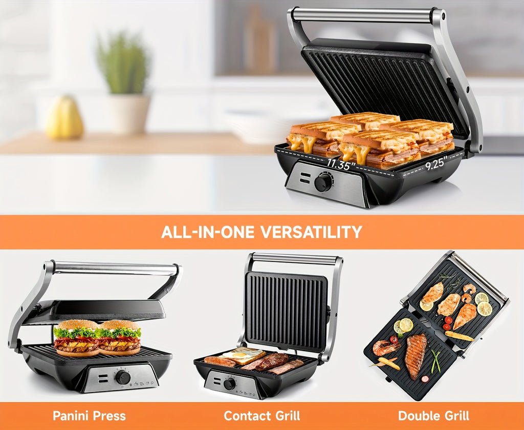 3-in-1 Electric Indoor Grill - Panini Press With Non-Stick Cooking Plates, Opens 180-Degree Gourmet Sandwich Maker, Floating Hinge Fits All Foods, Panini Press Grill With Grease Tray