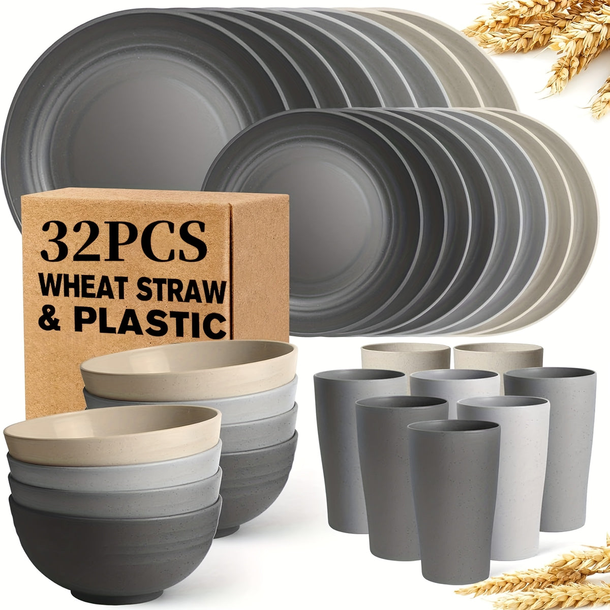 32/16pcs Wheat Straw Tableware Set, Round Plates, Dessert Plates, Bowls And Cups, Unbreakable Plates And Bowls Set, Service for 8/4, Dishwasher Safe, Durable And Lightweight And Easy-Clean for Kitchens, Rvs, Camping, And Outdoor Use