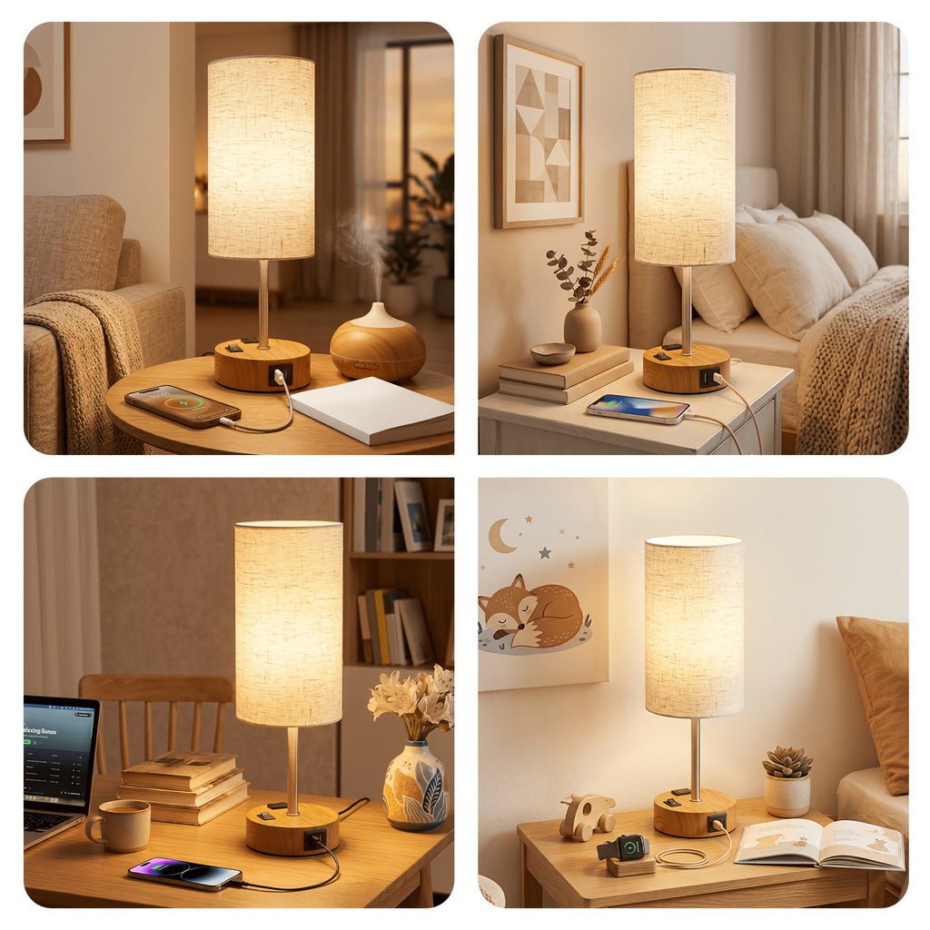 Dimmable Table Lamps with USB Charging Ports And AC Outlet, 3-Way Switch Control Bedside Nightstand Lamps, Wood/Metal Base, Modern Desk Lamps for Bedroom, Living Room, Office, Bulbs Included (1/2 Pack)
