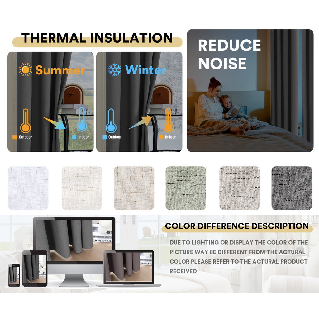 2 Panels 100% Blackout Linen Textured Curtains Thermal Insulated Curtains for Winter Noise Reducing Window Drapes with Grommet for Hall Room Bedroom Living Room PRINCEDECO