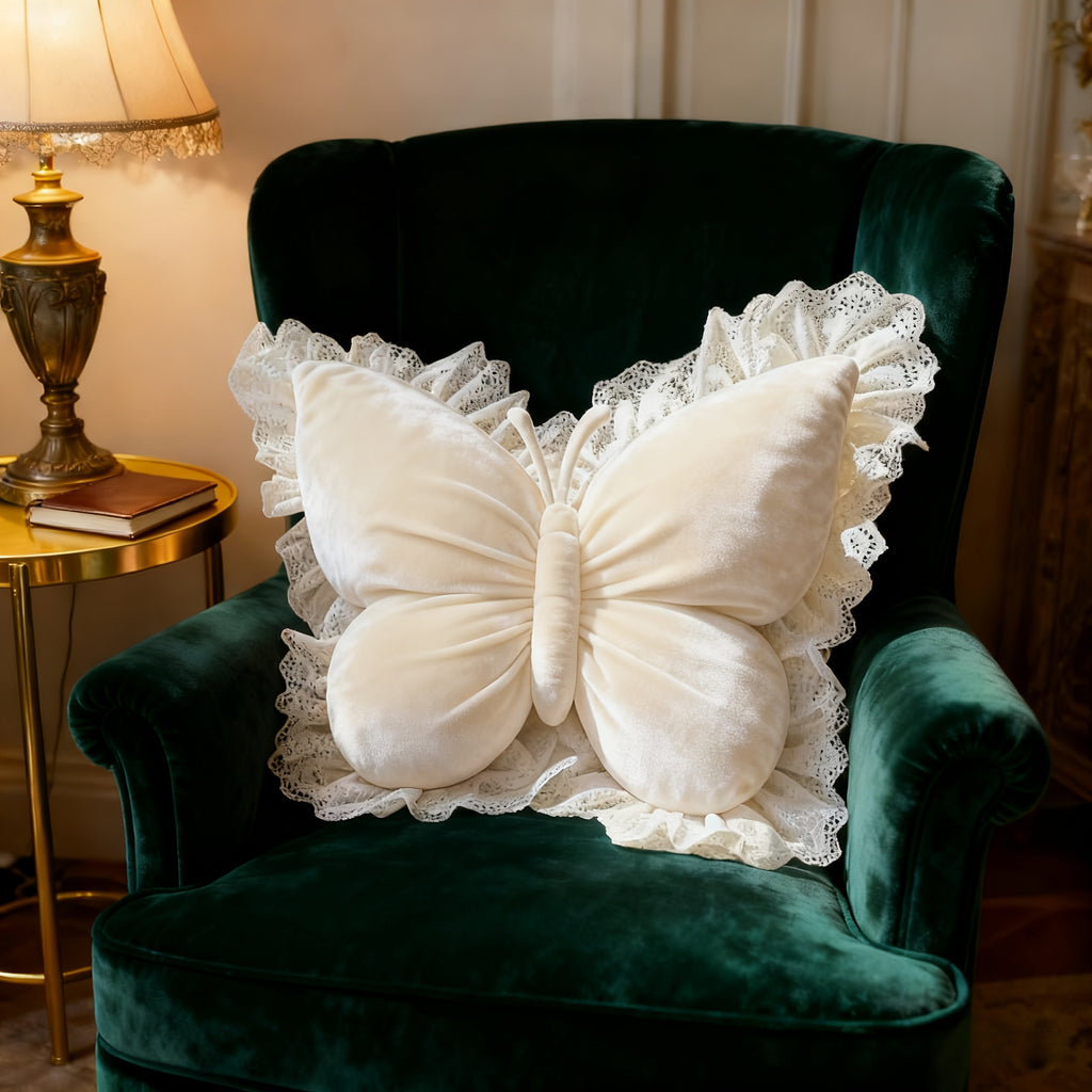 Butterfly-Shaped Decorative Pillow Home Decor Cushion with White Lace Trim Luxurious Velour Fabric And Fill Lumbar Support Cushion for Sofas, Beds, Cars, Offices - Perfect Gift for Women, Housewarming, Christmas, Valentine'S Day Machine Washable
