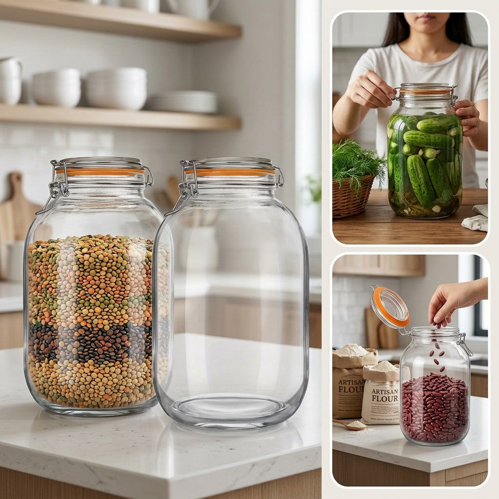 Glass Jars with Airtight Lids, 2 Pack - 1 Gallon Wide Mouth Storage Mason Jars with Hinged with 1 Replacement Silicone Gaskets for Fermenting, Canning, Preserving