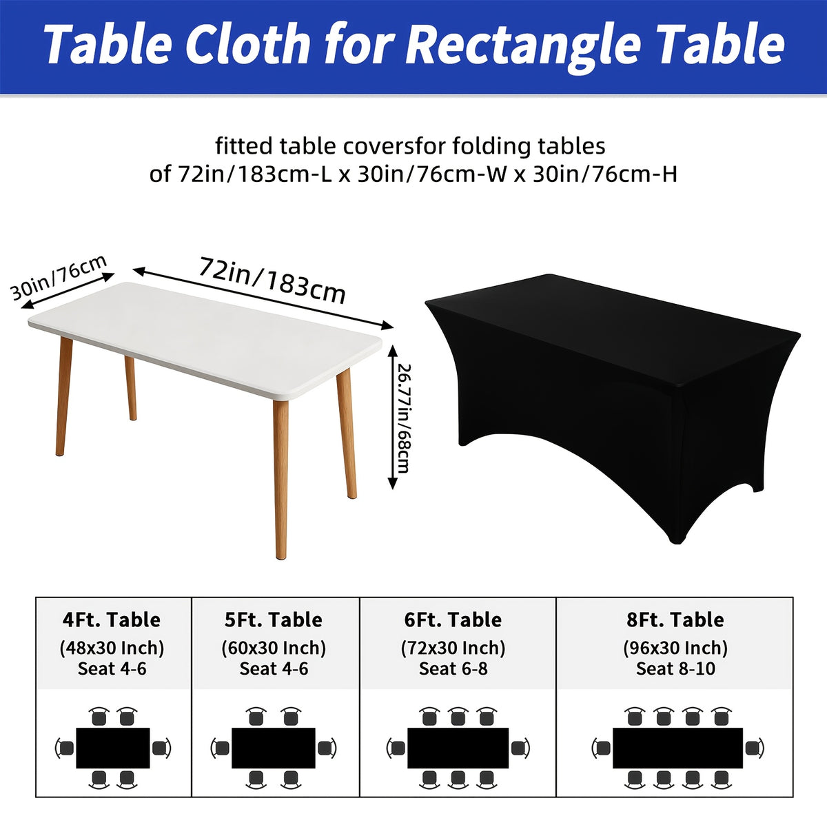 TOMNK 2pcs/3pcs Stretch Spandex Tablecloth, Rectangular, 4ft/6ft/8ft, Black/White, Wrinkle-Resistant Material, Suitable for Wedding Banquets, Trade Shows, Bridal Showers, Graduation Parties, Mother's Day Decorations, Halloween, Christmas
