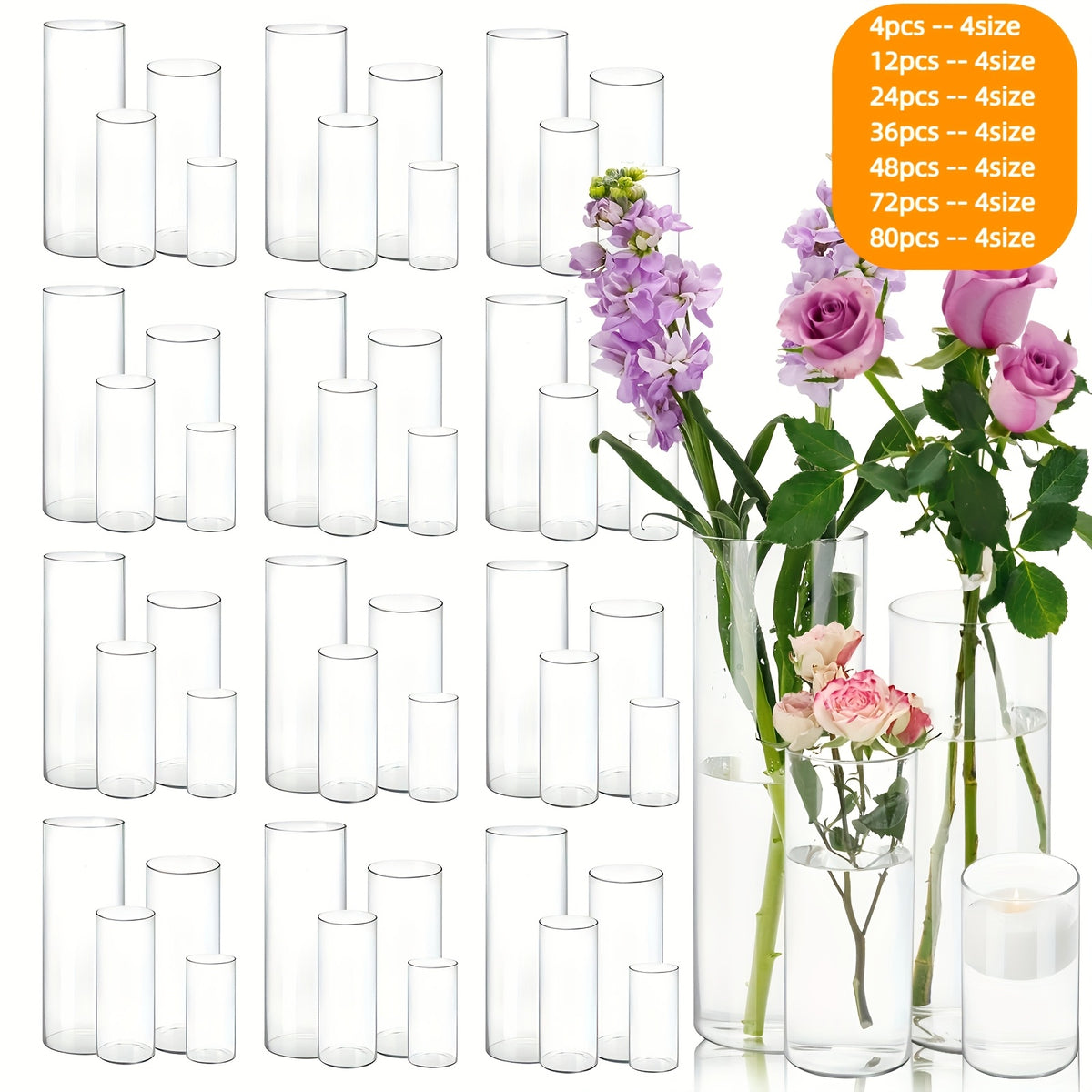 TOMNK 4/12/24/48/80pcs Clear Glass Cylinder Vases, 4, 6, 8, 10 Inch Tall Cylinder Vases for Centerpieces, Glass Flower Vase, Hurricane Floating Candle Holder Vase for Kitchen, Party, Wedding, Home Decor, for Halloween, Christmas