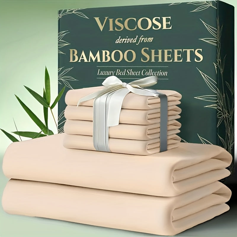 Extra Deep Pocket Bamboo Sheets - 4/6pcs Breathable & Cooling Bamboo Bed Sheet Set, Hotel Luxury Fitted Sheet Set, Soft Wrinkle-Free for Extra Deep Mattresses, Room Decor, Twin/Full/Queen/King Size Sheet & Pillowcase Sets