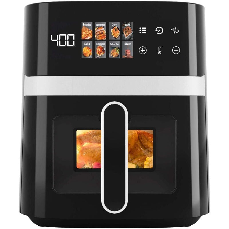 6-Quart Air Fryer - 8-in-1 Electric Hot Air Oven with LED Touchscreen, Non-stick Fry Basket, And 1350-watt Power. This Large-capacity Air Fryer Features 360° Hot Air Circulation, A Clear Touchscreen, And Integrated Heat-insulated Handles. Black.