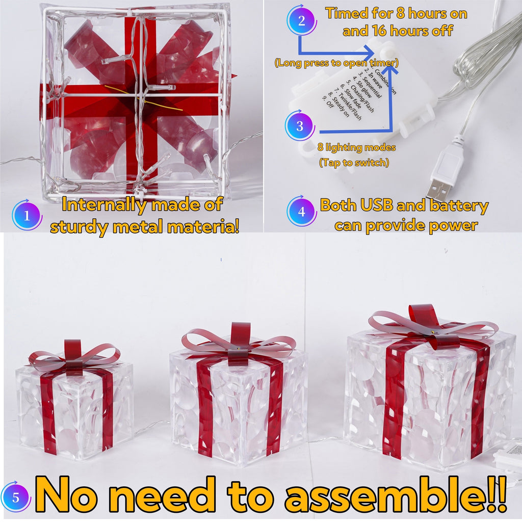 Lighted Christmas Present Boxes, Set of 3 Warm White Gift Decorations with Red Bows, 60 LEDs, USB or Battery Power, 8 Lighting Modes and Daily Timer