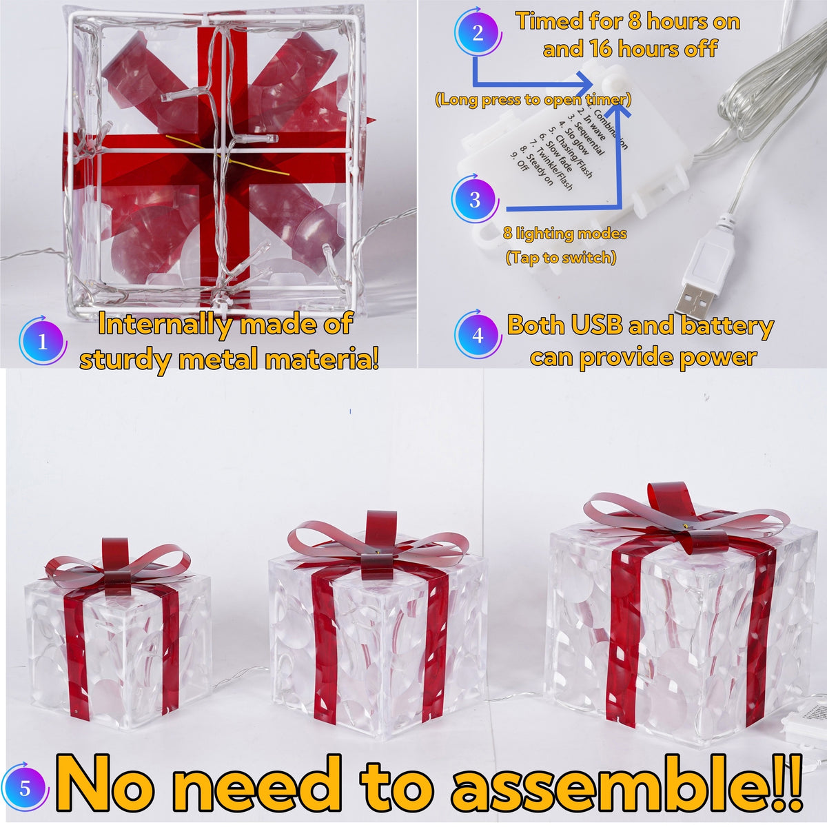 Lighted Christmas Present Boxes, Set of 3 Warm White Gift Decorations with Red Bows, 60 LEDs, USB or Battery Power, 8 Lighting Modes and Daily Timer