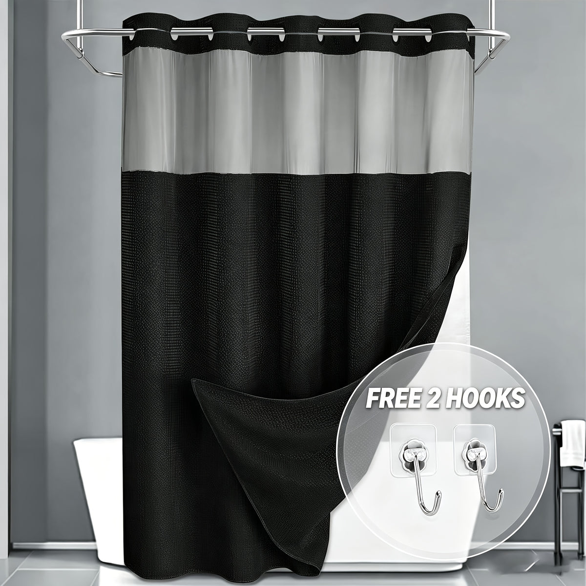 Hookless Shower Curtain with Snap Liner - Suitable for Home & Hotel Bath Curtain, Multicolor Waffle Window, Double Layer Panels, Hand Washable Curtain with Liner Set, No Hooks Required for Bathroom Decor Gift