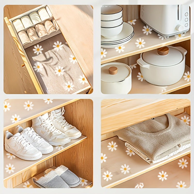 2 Roll Daisy Pattern Non-Slip Cabinet Liners - Heavy Duty PVC Drawer, Fridge & Tabletop Mats with White Daisies & Yellow Centers, Easy Clean Anti-Slip Kitchen Storage Accessories, Cheerful Home Accents, Easyclean Surface, Practical Homemakers