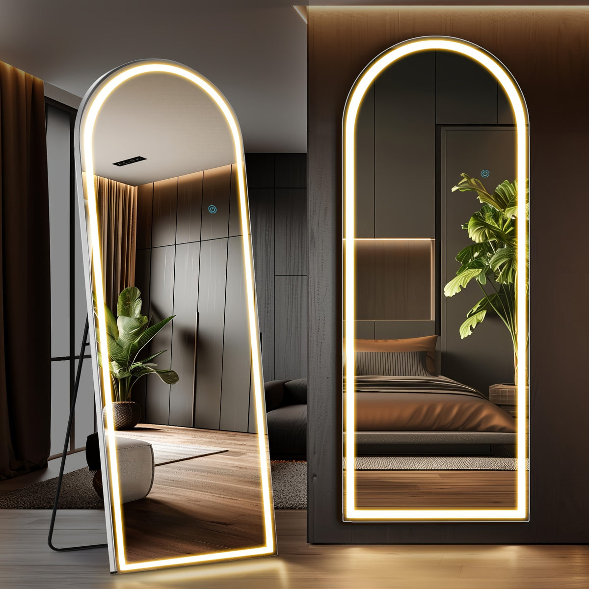 LED Lighted/Not-LED Lighted Full-Length Mirror with Arched/Rect Top - Aluminum Frame Floor-Standing Dressing Mirror for Bedroom & Living Room, Black/Golden/White
