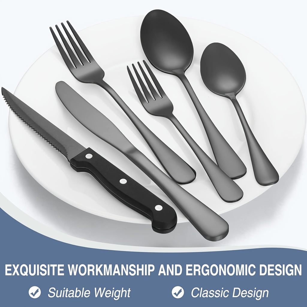 48pcs Silverware Set with Steak Knives, Christmas Stainless Steel Flatware Cutlery Set, Eating Utensils for 8, Spoons Forks Knives for Home Kitchen, Simple Design & Mirror Finish, Dishwasher Safe(Silvery, Black)