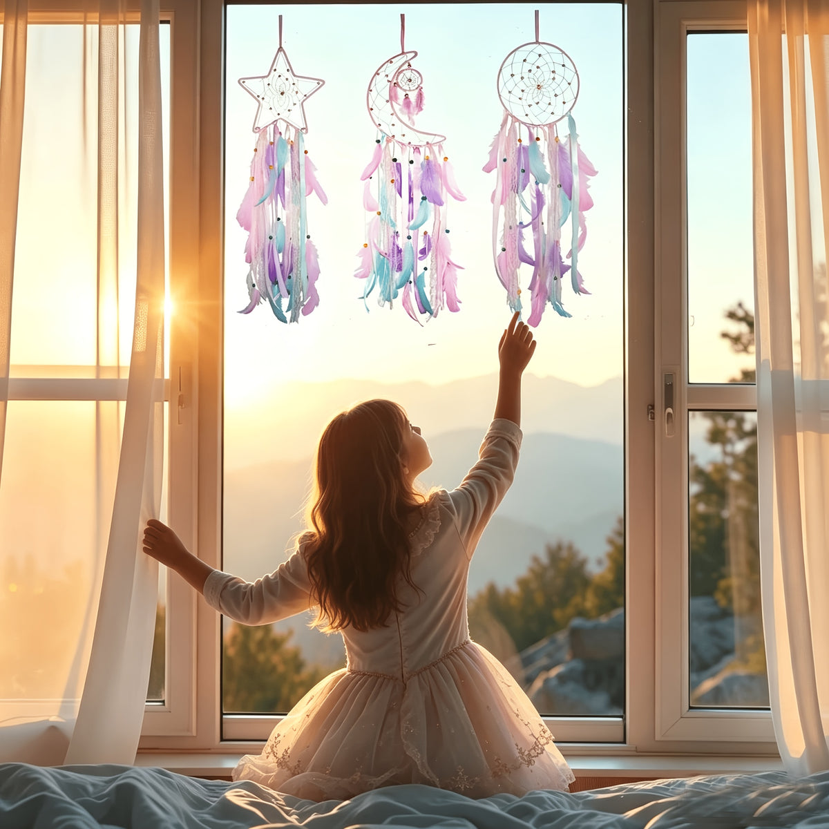 3pcs/LOT Star Moon Sun Dream Catcher Pink Room Decor for Teen Girls Kids Girls Room Decor Princess Bedroom Decor