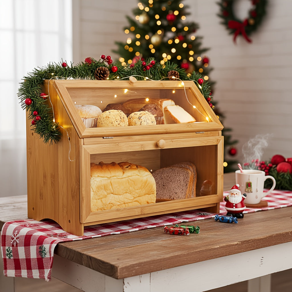 Double Layer Large Bread Box for Kitchen Counter, Wooden Large Capacity Bread Storage Bin (Natural Bamboo)